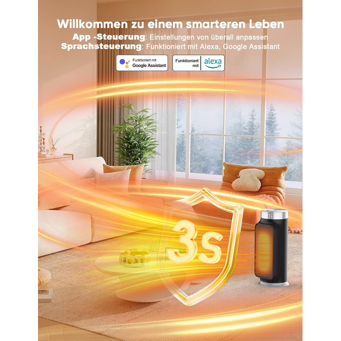 Розумний енергозберігаючий вентилятор-обігрівач, 1800 Вт PTC обігрівач з WiFi/додатком/Alexa/голосовим керуванням Google для використання в приміщенні, обігрів та охолодження 2 в 1, обігрівач для ванної кімнати, домашнього офісу, спальні, чорний Smart WiF