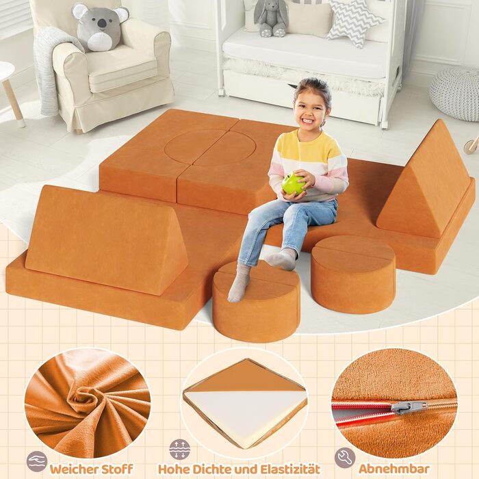 Дитячий ігровий диванчик з 15 модулями, модульний дитячий ігровий диванчик, дитячий диванчик з пінопластових будівельних блоків, ігровий диванчик для дітей та дитяче крісло, затишний куточок у дитячій кімнаті, для гри, творчості, сну, помаранчевий