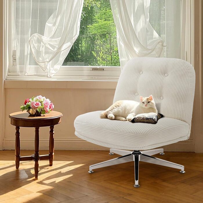 Офісне крісло IWMH без підлокітників, крісло для вітальні зі схрещеними ніжками, ергономічне поворотне крісло з надзвичайно великою тканинною подушкою, письмове крісло для домашнього офісу, туалетний столик, спальня (біле)