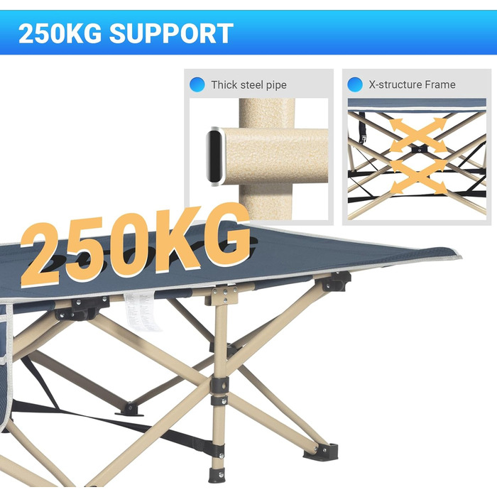 Розкладне похідне ліжко Overmont - Кемпінгове ліжко 190 x 71 x 36 см - Вантажопідйомність до 250 кг - Тканина Оксфорд 2400D з бічною кишенею та сумкою для перенесення для кемпінгу, саду, офісу, синього кольору, з матрацом ()