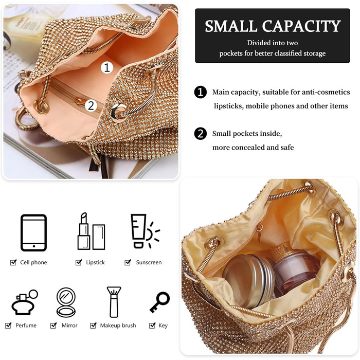 Блискуча вечірня сумочка зі стразами, клатч-відерце з діамантами, мініатюрна сумка на ланцюжку для весілля, банкету, випускного, чорна