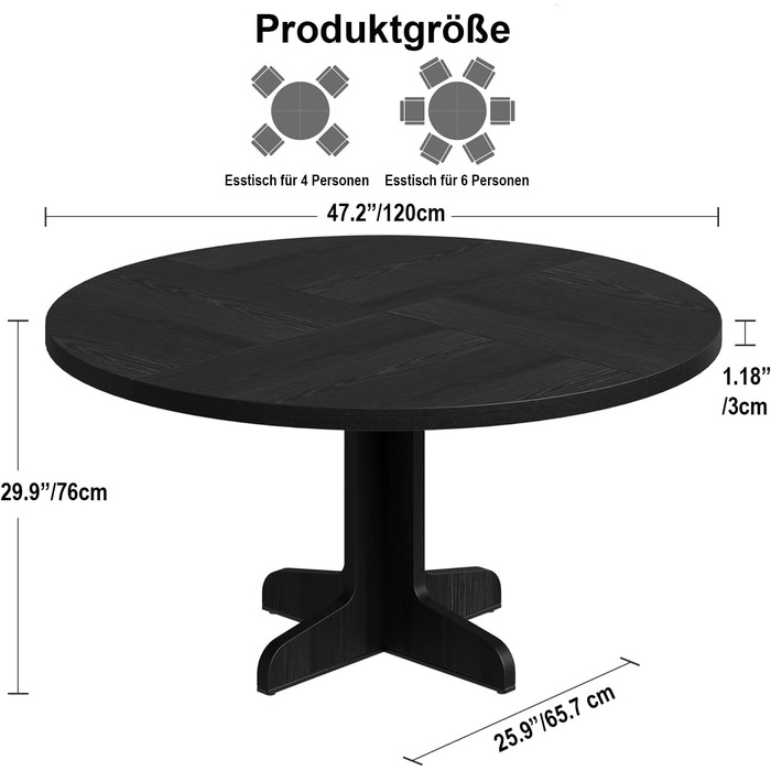 Круглий обідній стіл на 4-6 осіб, стіл 120 см з дерев&39яною основою, чорний, сучасні круглі обідні столи для кухні, їдальні та вітальні (лише стіл)