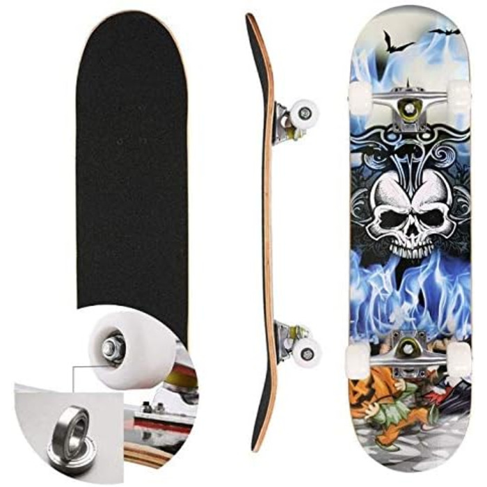 Круїзерний скейтборд з Double Kick - повний комплект для дітей, підлітків та дорослих, 7-шарова увігнута дека з канадського клена, 79 x 19.5 x 9.5 см, візерунок черепа
