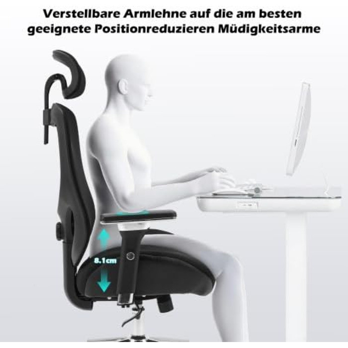 Ергономічне офісне крісло для високих людей (230 кг) Регульоване по висоті сітчасте обертове крісло з 4D підлокітниками, опорою для голови та попереку, для домашнього офісу та офісу, чорне