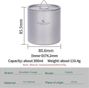 Титанова кружка iBasingo 300 мл, чашки з подвійними стінками та кришкою, надлегкі штабельовані металеві чашки для чаю та кави, міцні портативні напої для кемпінгу, подорожей та щоденного використання на свіжому повітрі Ti3242D 300 мл Ti3242d