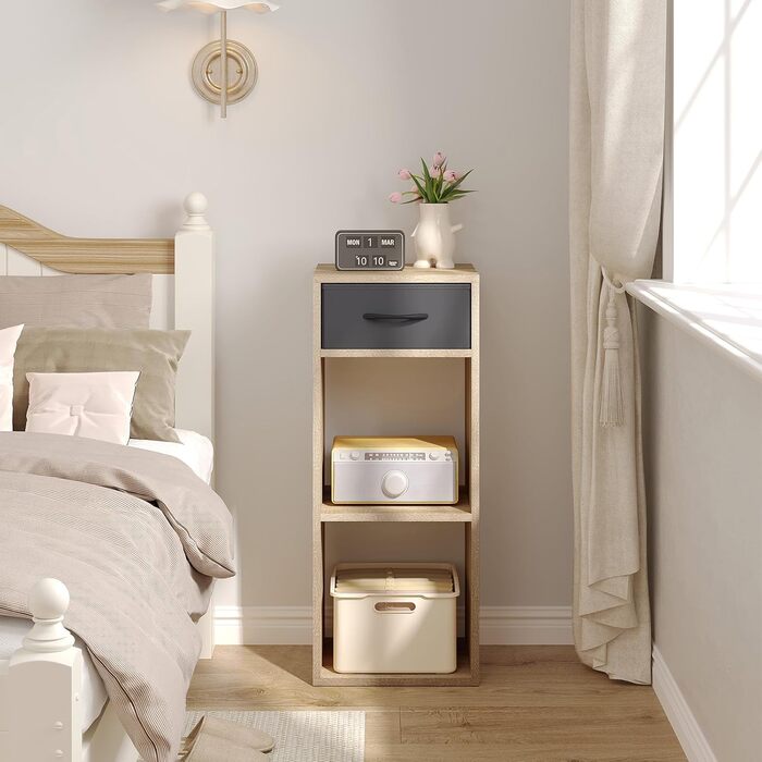 Книжкова полиця WOLTU на 3 рівні, окремостояча полиця з 1 шухлядою для тканини та 2 кубами, відкрита полиця, невелика полиця для зберігання, для вітальні, спальні, дитячої кімнати, 32,4 x 80 x 30 см, світлий дуб, SK055hei