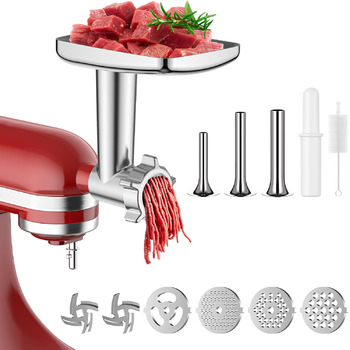 Насадка для м'ясорубки Coolcook для міксера KitchenAid, включаючи 3 ріжки для начинки для ковбаси, 2 шліфувальні леза, 4 шліфувальних диска, м'ясорубку для KitchenAid, легко збирається, зі щіткою для чищення