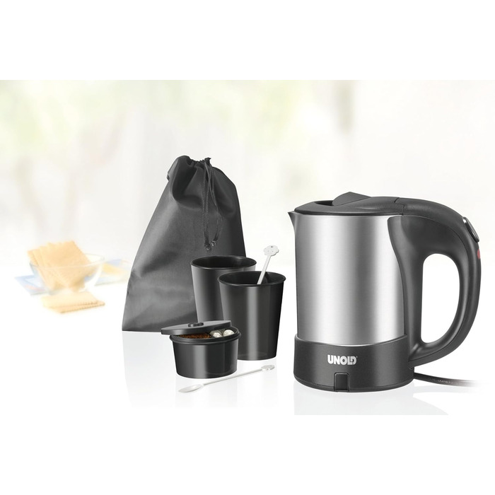 Дорожня флеш-плита UNOLD 18575 - нержавіюча сталь/чорний, компактний об'єм 0,5 літра, 1.000 Вт, включаючи аксесуари, високоякісний контейнер з нержавіючої сталі, дорожній чайник, зупинка для приготування їжі, контейнер для зберігання
