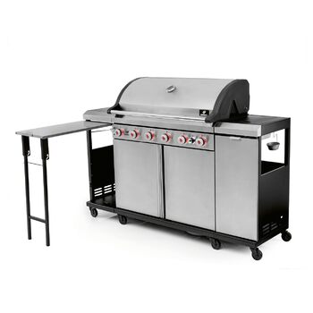 Газовий гриль LANDMANN Gasgrill 6.1 6 пальників, MaxX-Zone, велика площа гриля та чавунні решітки Потужний гриль для саду та відпочинку на природі з LED-регуляторами та бічним столом