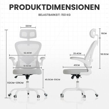 Офісне крісло, сітчасте офісне крісло, комп&39ютерне крісло з відкидними підлокітниками, письмове крісло з регульованою поперековою опорою, ергономічне крісло для офісу та дому (біле)