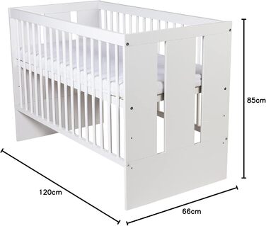 Дитяче ліжко Paulus White 12060 см Дитяче ліжечко/ліжечко з 3 рівнями регулювання висоти Лакована сосна та МДФ Стійке та безпечне (матрац не входить до комплекту)