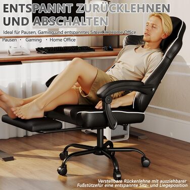 Ергономічне ігрове крісло, офісне крісло з підставкою для ніг, регульоване по висоті та нахилу, надзвичайно широке сидіння (51 см), ергономічна поперекова опора, вантажопідйомність до 150 кг, білий колір