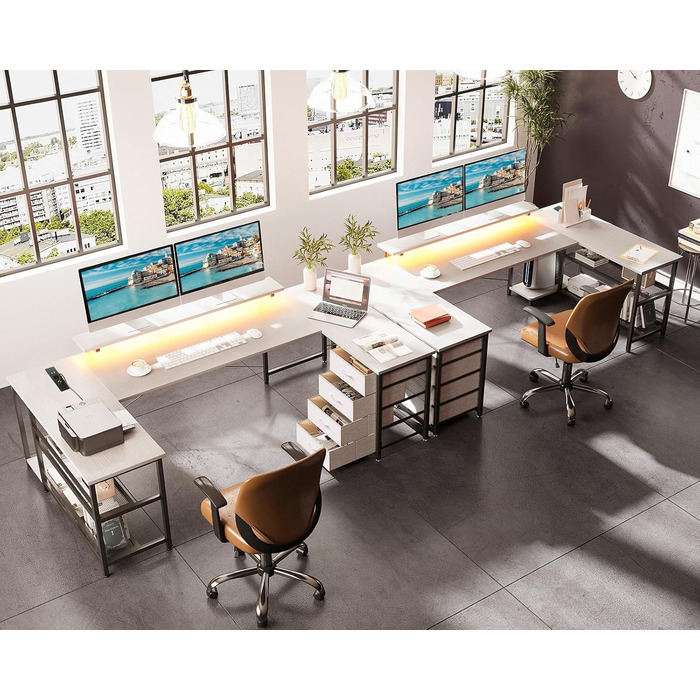 Кутовий стіл ODK з 4 шухлядами та місцем для зберігання, двосторонній кутовий стіл 167102 см з 2 розетками та 2 портами зарядки USB, ігровий стіл зі світлодіодним освітленням та підставкою для монітора для домашнього офісу, білий