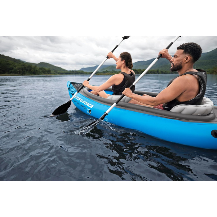 Каяк Bestway Hydro-Force Cove Champion X2 Надувний човен з ручним насосом, веслом, сидіннями, ластами та сумкою для зберігання Двомісний 331 x 88 x 45 см, синьо-сірий
