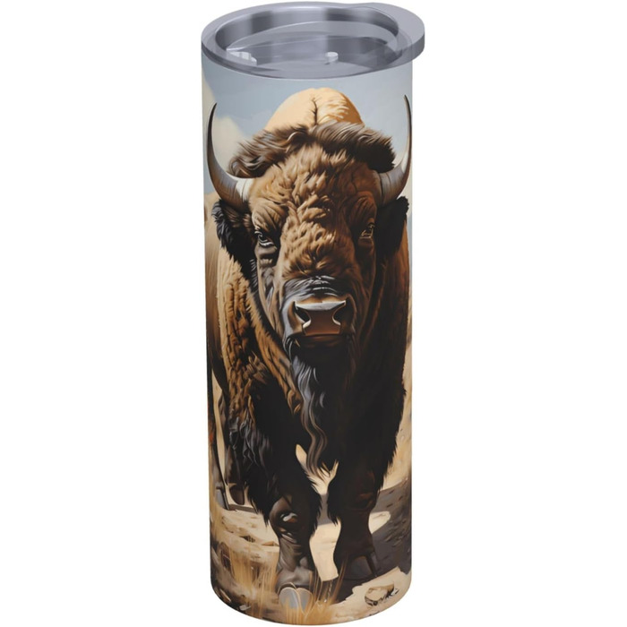 Кухоль з прямою трубочкою, дизайн стадо північноамериканських бізонів, друкований, дорожній кухоль, підходить для кемпінгу, офісу та дому, 590 мл