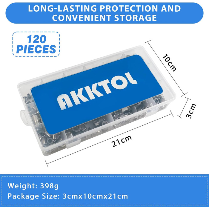 Набір заклепувальних гайок AKKTOL Набір різьбових рукавів 120 шт. УНІВЕРСАЛЬНО підходить для плоскогубців із заклепувальною гайкою Набір заклепувальних гайок Різьбова втулка 6 розмірів (нержавіюча сталь 304) 120 шт. - Набір заклепувальних гайок (нержавіюч