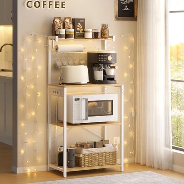 Кухонна полиця VASAGLE з розетками, окремостояча полиця, полиця для мікрохвильової печі, 4 рівні та 8 S-подібних гачків, регульована полиця, тримач для кухонних пакувальних машин, 40 x 60 x 140 см, Золотий дуб-хмарно білий KKS014Y02 60B см Золотий дуб мат