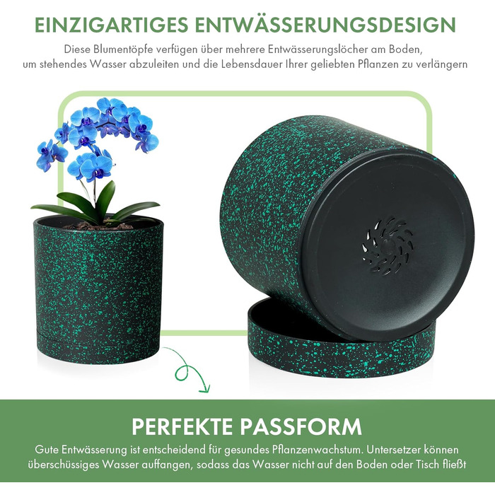 Набір з 5 квіткових горщиків з блюдцями, 17,8 см/15,2 см/14 см/12,7 см/10,2 см, пластикові кашпо, набір квіткових горщиків, ідеально підходить для кімнатних та балконних садів, чорний із зеленими цятками 765,554 дюймів (5 шт.) чорний із зеленими цятками