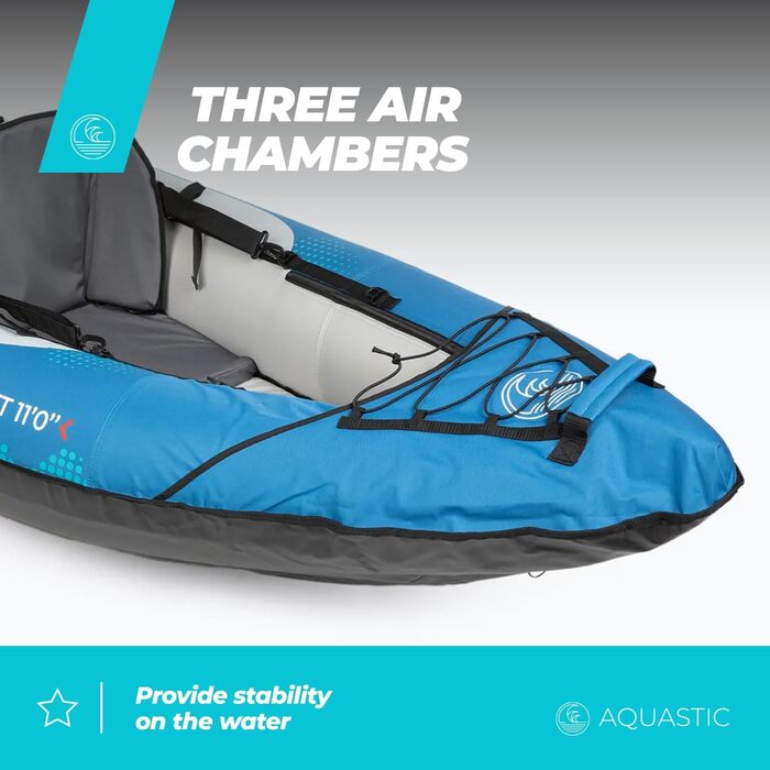 Надувний каяк AQUASTIC Kayak Dolph 11&390&39 для 2 осіб з двома сидіннями, надувним стабілізатором та захисним чохлом 335x96 см. Ідеально підходить для рафтингу та екскурсій. Міцний ПВХ-матеріал.