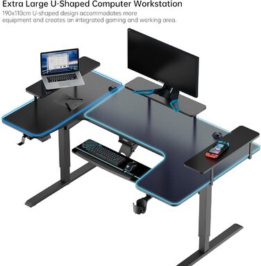 Електричний стіл з регульованою висотою 190110 см U-подібний ігровий стіл Великий кутовий стіл з регульованою висотою з підставкою для клавіатури, комп&39ютерний стіл з 3 підставками для світлодіодних моніторів ERK-U71-B-2-EU Чорний