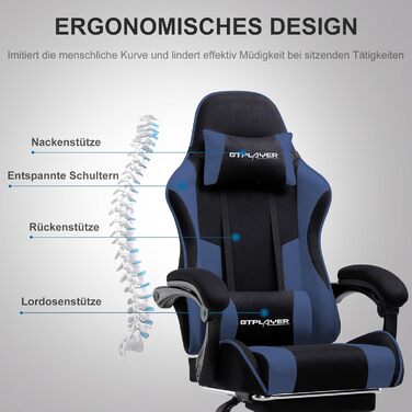 Ергономічне ігрове крісло GTPLAYER, ігрове крісло, офісне крісло, з регульованою спинкою на 135, регульованою висотою, висувною підставкою для ніг, синя тканина