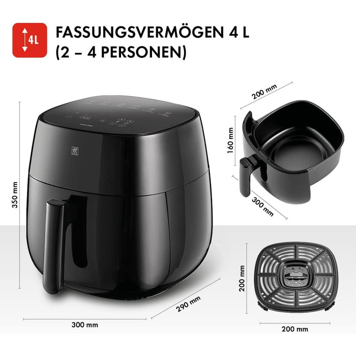 Аерофритюрниця ZWILLING / Фритюрниця з гарячим повітрям, 4 л, 6 програм, 1 400 Вт, смаження у фритюрі, приготування та випічка без жиру, включаючи книгу рецептів, чорна