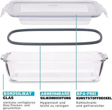 Форма для запікання лазаньї Igluu з кришкою, що застібається, без бісфенолу А - 2,2 літра () - прямокутна, міцна форма з боросилікатного скла - придатна для використання в духовці, мікрохвильовій печі, морозильній камері та посудомийній машині, набір з