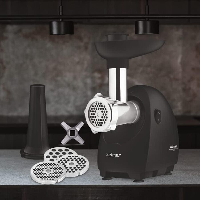М'ясорубка Zelmer ZMM4085B, потужність 1900 Вт, об'єм фаршу 2,5 (KG/MIN), двосторонній ніж, 3 типи сит