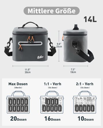 Сумка-холодильник 7/14/24 л - Ізольована та водонепроникна Портативна міні-сумка-холодильник з термоізоляційним шаром Легка для кемпінгу, пікніків, пляжу та барбекю - Герметична та міцна темно-сіра 14 л