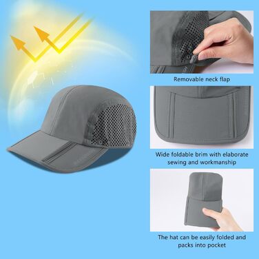 Складаний капелюх від сонця з UPF 50, портативний, для чоловіків і жінок, для гольфу, походів, один розмір, світло-сірий, зі складним козирем