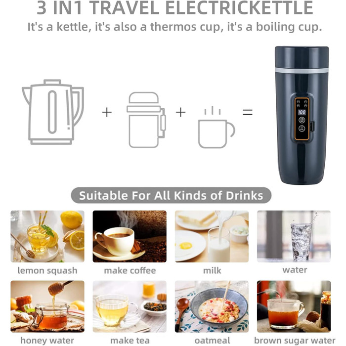 Чайник Дорожній чайник 12В 350мл Швидкий чайник Двошаровий термос з нержавіючої сталі для приготування молока, кави та чаю (80Вт ч