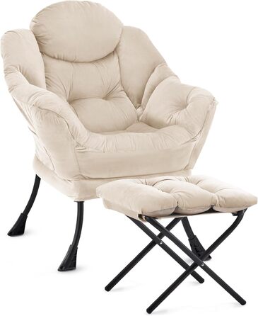 Крісло-ліжко з оттоманкою, крісло для вітальні, крісло з відкидною спинкою та підставкою для ніг, зручне крісло для читання, шезлонг з підставкою для ніг, крісло-реклайнер з підставкою для ніг, бічна кишеня, бежевий