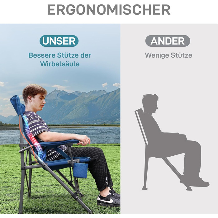 Складане кемпінгове крісло EVER ADVANCED, вантажопідйомність 230 кг, розкладне крісло XL, ширина сидіння 62 см з бічною кишенею та тримачем для напоїв, велике розкладне крісло, рибальське крісло для кемпінгу, використання на вулиці, балкон, сад, чорний ко