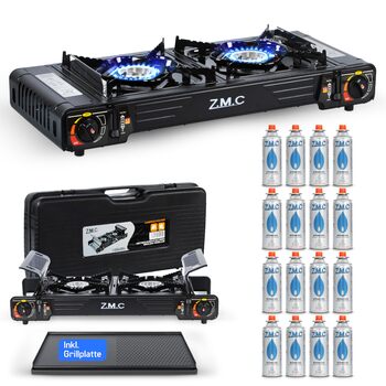 Газова плита для кемпінгу ZMC PREMIUM, 2 конфорки гриль-пластина 45x24 см 16 газових картриджів (227 г), кемпінгова плита із запобіжником запалювання для використання на вулиці та в приміщенні, настільна подвійна газова плита з п&39єзорозпалом для балкону