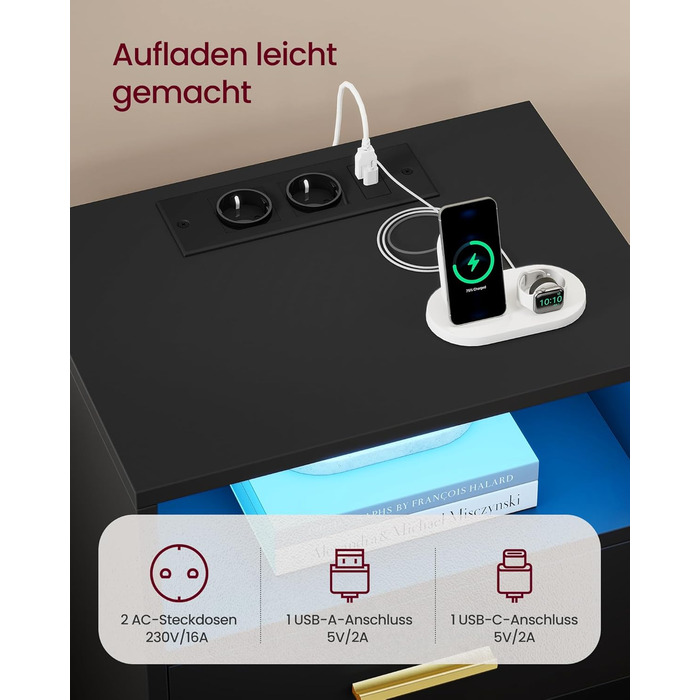 Колекція Custos - Тумбочка із зарядною станцією, комплект із 2 шт. , світлодіодне підсвічування, бічний столик, сучасний, з шухлядами, 2 розетками змінного струму та USB-портами, чорний колір LET829BC01 чорний колір 2 комплекти