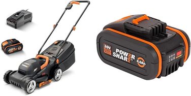 Акумуляторна газонокосарка WORX WG730E 20В та WA3553 Акумулятор 20В - Перезаряджається, потужний акумулятор з вбудованим індикатором рівня заряду для всіх пристроїв WORX - Li-Ion акумулятор 4000 мАг PowerShare