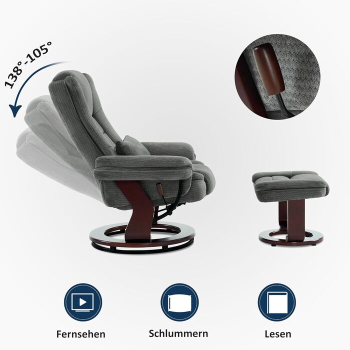 Крісло-реклайнер M MCombo з функцією відкидання, крісло для читання, обертове на 360 крісло для телевізора, з підставкою для ніг, подушкою та бічною кишенею, вантажопідйомність до 120 кг, крісло для телевізора для вітальні, 9099 (сіра тканина) сіра тканин