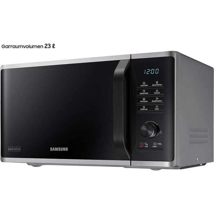 Мікрохвильова піч Samsung MS2AK3515AS/EG, 800 Вт, простір для приготування їжі 23 л, ширина 48,9 см, внутрішня частина керамічної емалі, стійка до подряпин внутрішня частина, програми розморожування QuickDefrost, сріблястий мікрохвильова піч 23 л срібло