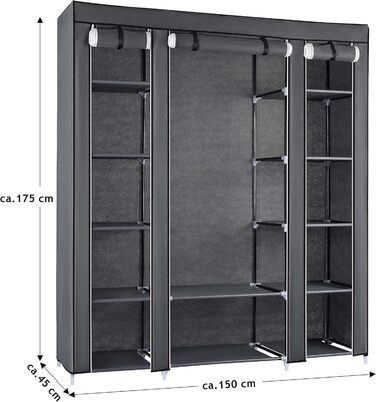 Тканинна шафа Ribelli з 12 відділеннями та вішалки для одягу, приблизно 175 x 150 x 45 см, Складана шафа з вілу, Шафа для спальні, вітальні, гардеробної, Сірий, 12 відділень, Сірий
