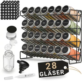 Підставка для спецій на 28 банок - 108 наклейок ручка шурупи для підвішування - Підставка для спецій на місці - Банки для спецій з полицею (спеції не входять до комплекту) - 34,5x25x11,5 см, Чорний