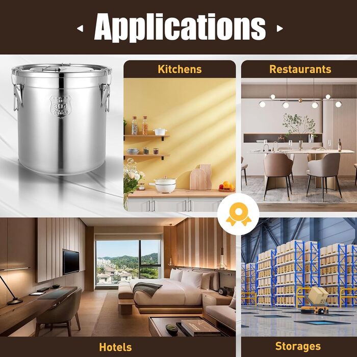 Герметичне відро з нержавіючої сталі з кришкою 6 л/12 л/21 л/33 л - Контейнер з нержавіючої сталі для зберігання на кухні, контейнер для зерна, контейнер для борошна із засувками для рису, борошна та зерна (38x38x36 см 33 л)
