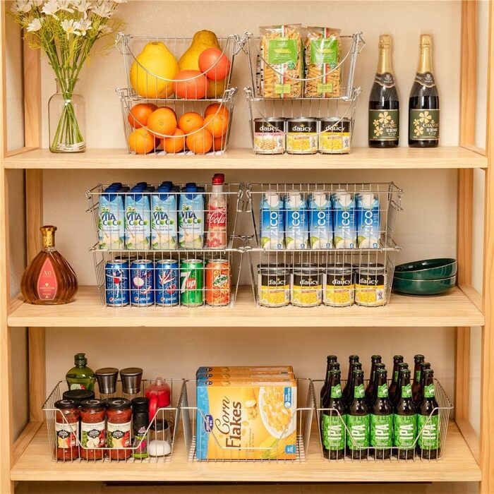 Кошик для зберігання в морозильній камері SANNO, штабелюється, для комори, зберігання та організації, штабелюється, контейнери для зберігання картоплі та цибулі, металеві кошики для зберігання, 4 шт. 40 см (Д) x 24 см (Ш) x 16 см (В), хром