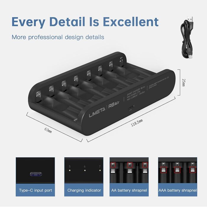 Зарядний пристрій LIMETA на 8 акумуляторів типу AA AAA Швидкісний зарядний пристрій макс. 27 Вт Побутовий зарядний пристрій для літій-іонних, нікель-метал-гідридних, нікель-кадмієвих, літій-полімерних та літій-полімерних акумуляторів