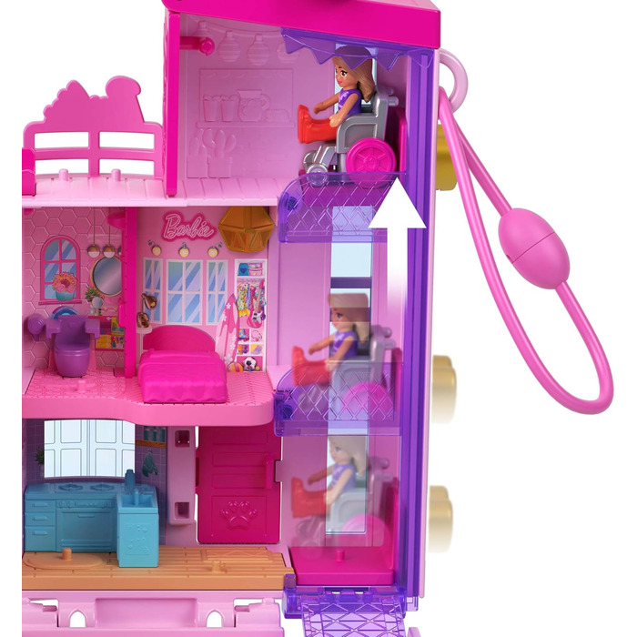Ігровий набір Polly Pocket Barbie Dreamhouse Box, з 3 мікроляльками, 1 цуценям, 11 аксесуарами, ліфтом та басейном, HWP11