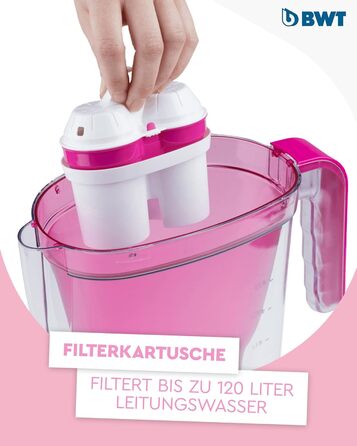 Фільтр для води BWT Vida Rosa 2.6L Фільтр з 1 картриджем магнієвого фільтра Фільтр для води питної води Для їжі та напоїв Фільтрує вапно, хлор, свинець і мідь