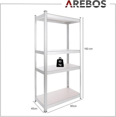 Надміцний стелаж Arebos, комплект з 2 шт. 160x80x40 см Вантажопідйомність 320 кг 4 полиці з МДФ Легке складання за допомогою вставної системи Стелаж, стелаж для зберігання, стелаж для підвалу, вставний стелаж, стелаж для майстерні, оцинкований