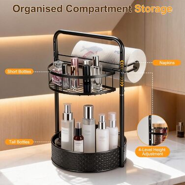 Обертова підставка для спецій Romon, 2-рівнева кухонна полиця з тримачем для паперових рушників, органайзер для спецій з кульковими підшипниками з нержавіючої сталі та протиковзкими ніжками, для кухонних шаф та стільниці, чорна