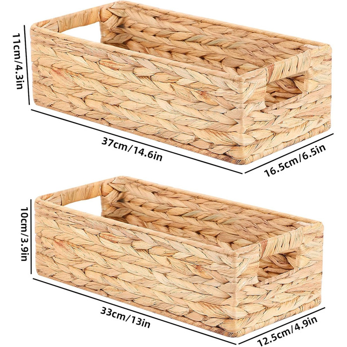 Кошики для зберігання, плетений кошик для зберігання, штабелювані кошики з полицями, кошик для спальні та ванної кімнати, 37x16,5x11см/33x12,5x10см, водяний гіацинт 37x16,5x11см натуральний (водяний гіацинт)