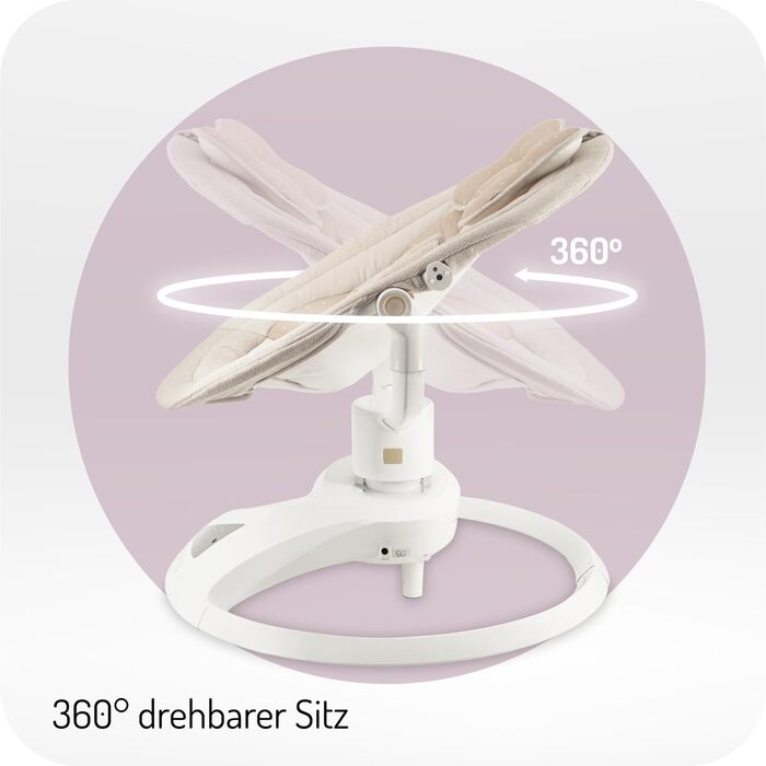 Гойдалка для немовлят PEARL до 9 кг, обертання сидіння на 360, LED-панель, Bluetooth, пульт дистанційного керування, живлення від батарейок або мережі, блок живлення з USB-кабелем, 5-точковий ремінь безпеки, дуга з іграшками