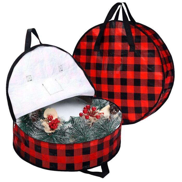 Коробка для зберігання різдвяного вінка 2 тримачі з тартановим візерунком, коробка для зберігання на блискавці та ручкі для шафи, будинку, горища, підвалу, гаража, Різдва 76 x 18 см